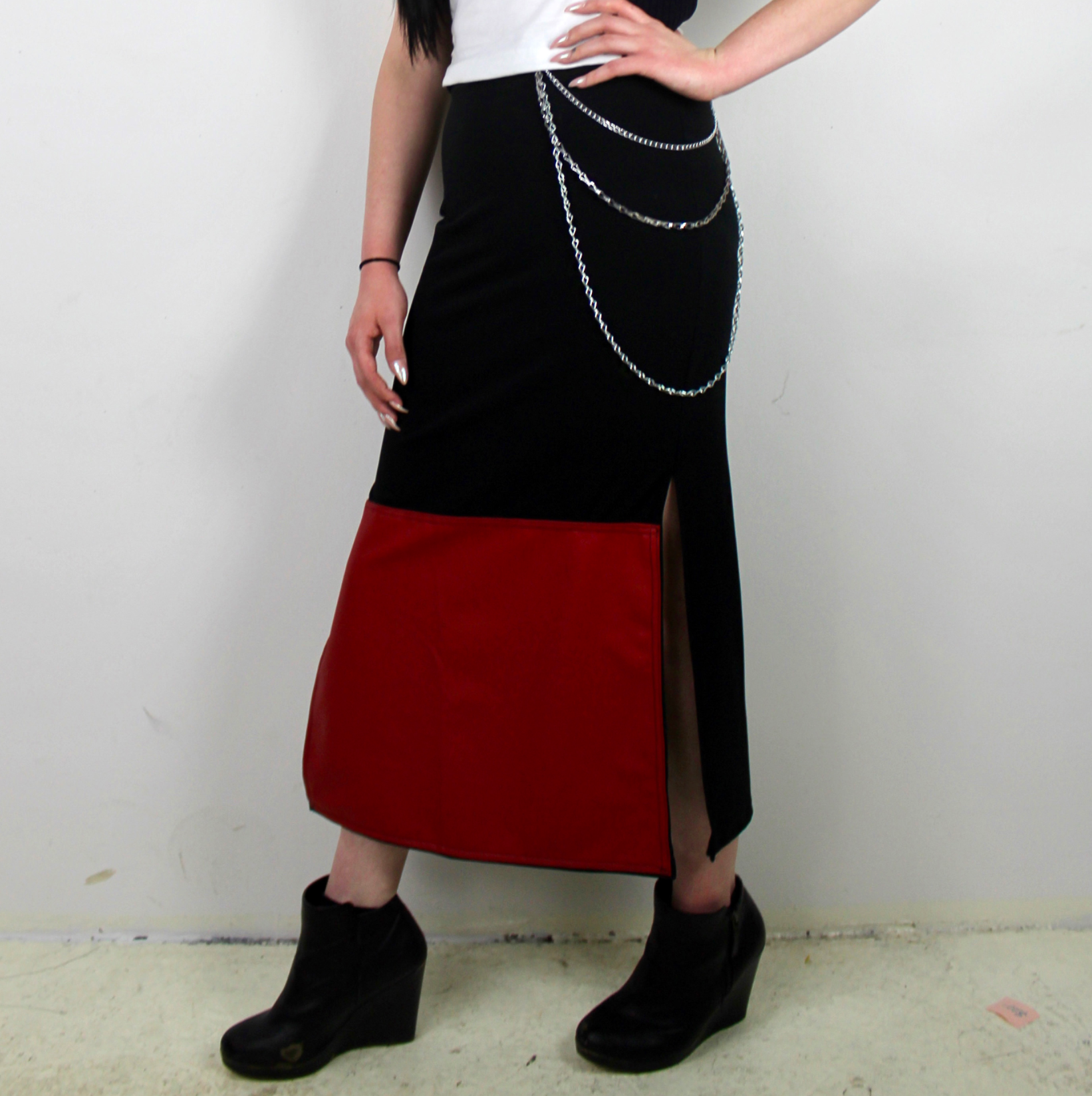 Long Black Skirt w/ Leather Panel